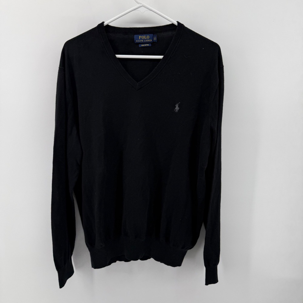 Polo Ralph Lauren Mens V-Neck Pima Cotton Sweater Black Large Gray Pony Logo
